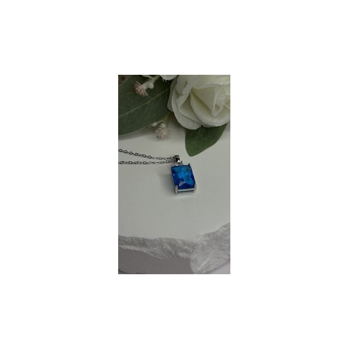 925 Sterling Silver Blue Shiny Cz Necklace Length 16/18 in
