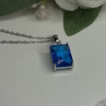 925 Sterling Silver Blue Shiny Cz Necklace Length 16/18 in