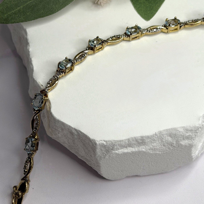 925 Sterling Silver Gold Plated Blue Topaz Bracelet Size 7.5