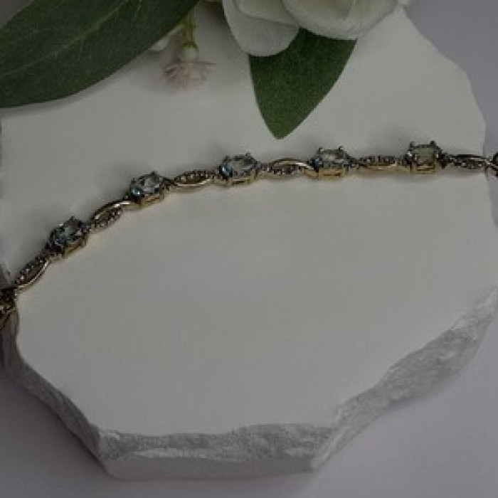 925 Sterling Silver Gold Plated Blue Topaz Bracelet Size 7.5