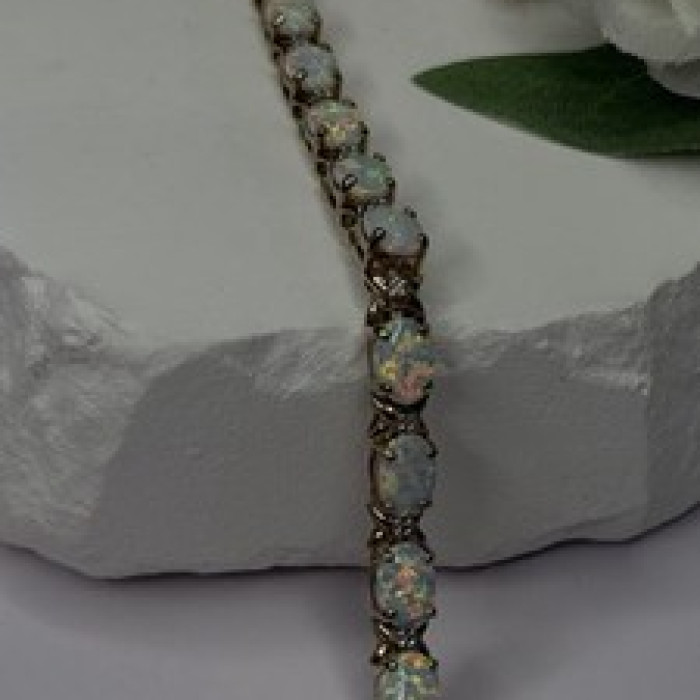 925 Sterling Silver Gold Plated Shiny Opal Bracelet Size 7