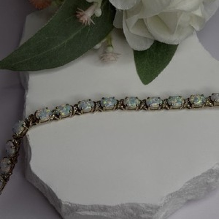 925 Sterling Silver Gold Plated Shiny Opal Bracelet Size 7