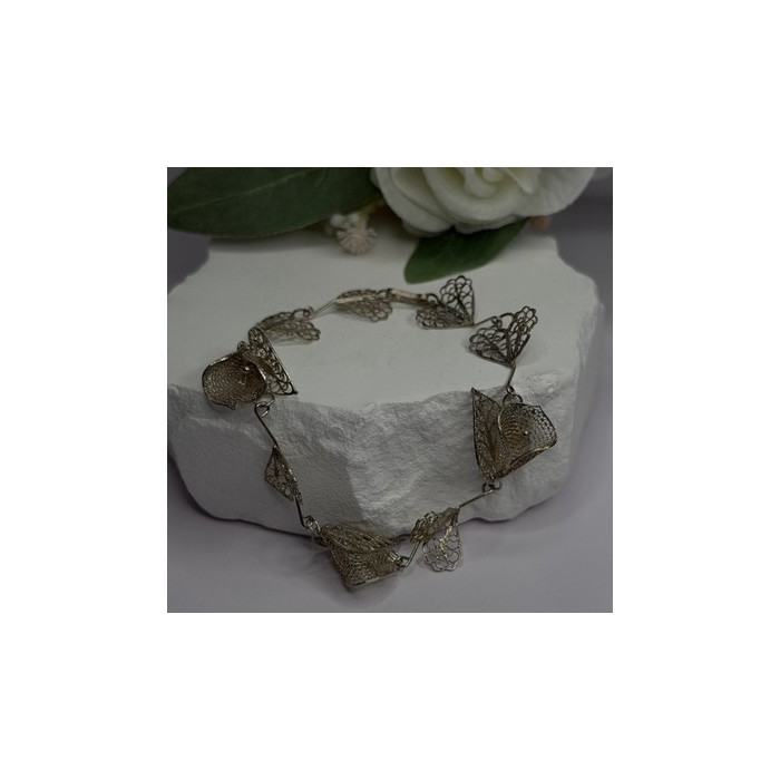 925 Sterling Silver Filigree Delicate Design Hearts & Lilies Bracelet 7