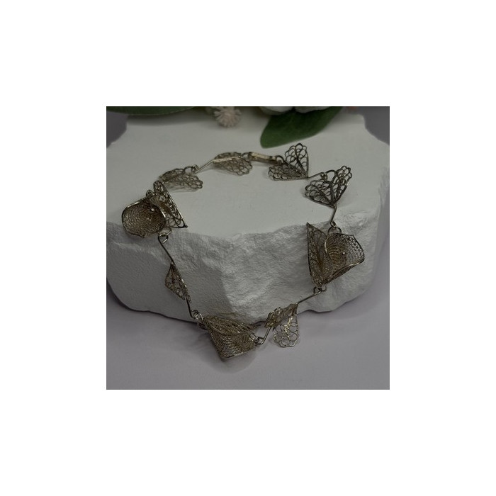 925 Sterling Silver Filigree Delicate Design Hearts & Lilies Bracelet 7