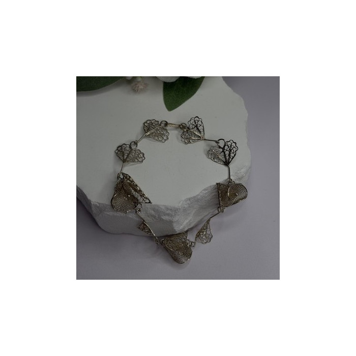 925 Sterling Silver Filigree Delicate Design Hearts & Lilies Bracelet 7