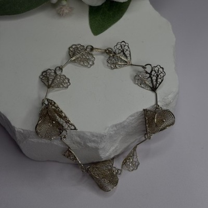 925 Sterling Silver Filigree Delicate Design Hearts & Lilies Bracelet 7