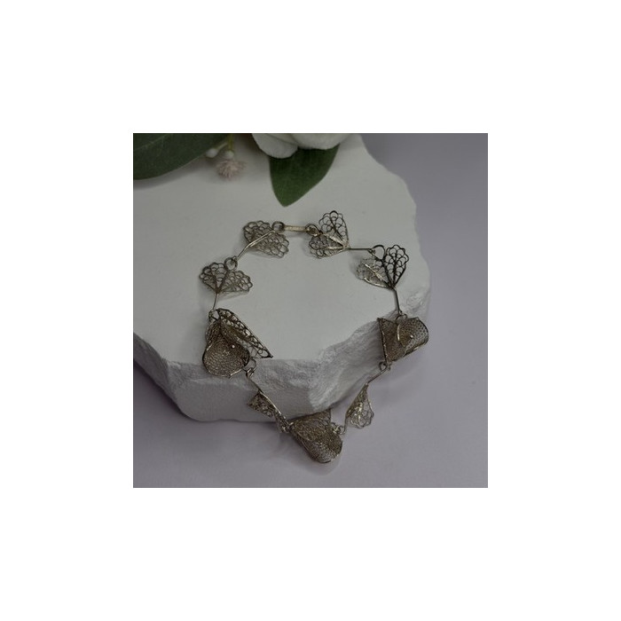 925 Sterling Silver Filigree Delicate Design Hearts & Lilies Bracelet 7