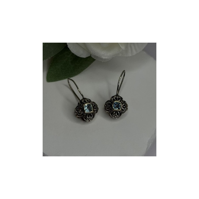 Vintage Filigree 925 Sterling Silver Blue Topaz Dangle Earrings