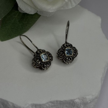 Vintage Filigree 925 Sterling Silver Blue Topaz Dangle Earrings