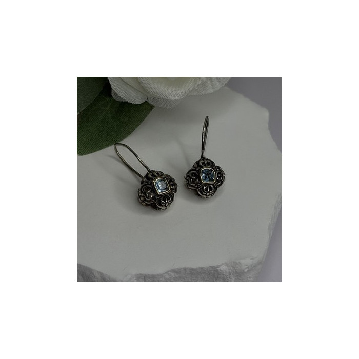 Vintage Filigree 925 Sterling Silver Blue Topaz Dangle Earrings