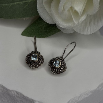 Vintage Filigree 925 Sterling Silver Blue Topaz Dangle Earrings