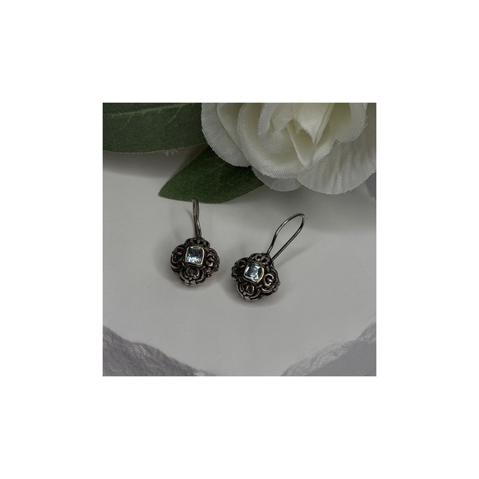 Vintage Filigree 925 Sterling Silver Blue Topaz Dangle Earrings