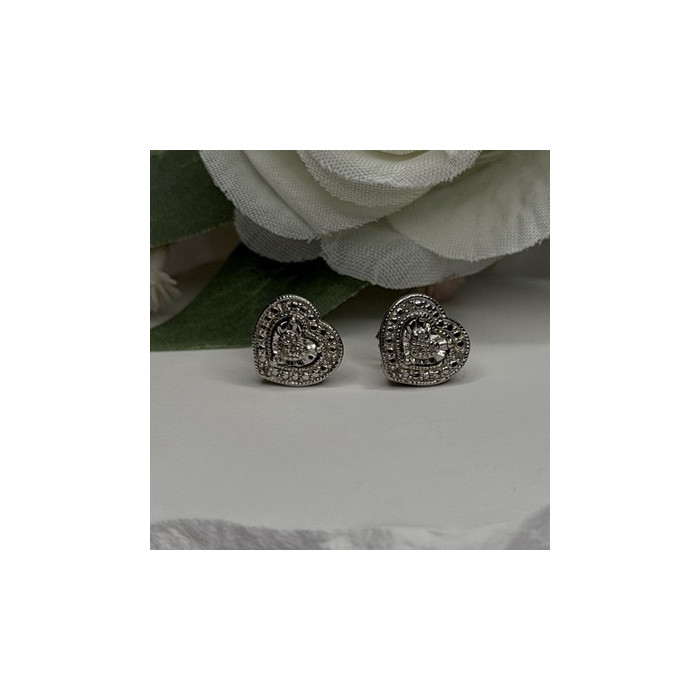 925 Sterling Silver Tiny Diamonds Heart Stud Earrings