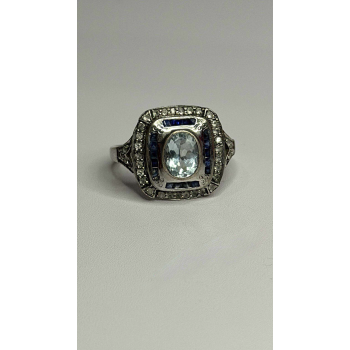 925 Sterling Silver Aquamarine, Sapphire & White Beryl Ring Size 9