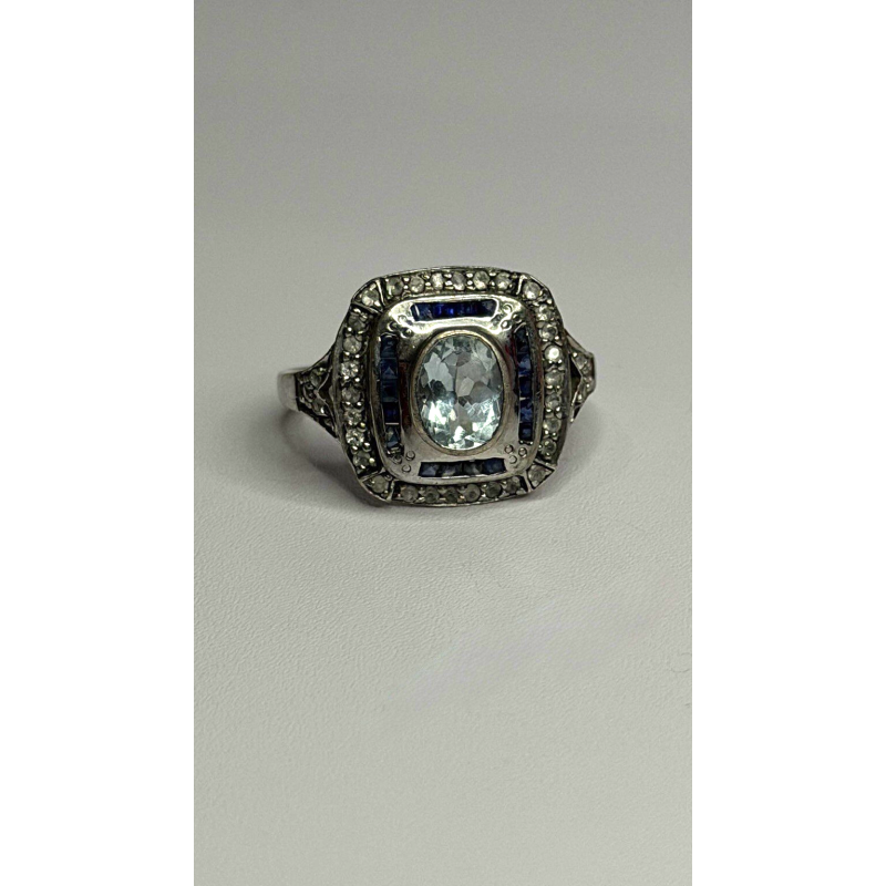 925 Sterling Silver Aquamarine, Sapphire & White Beryl Ring Size 9