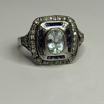 925 Sterling Silver Aquamarine, Sapphire & White Beryl Ring Size 9