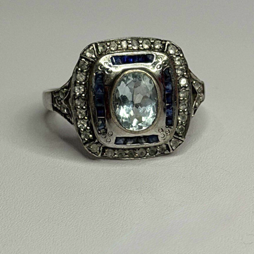 925 Sterling Silver Aquamarine, Sapphire & White Beryl Ring Size 9