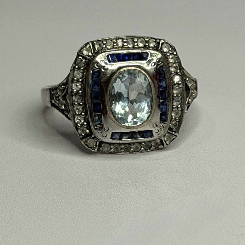 925 Sterling Silver Aquamarine, Sapphire & White Beryl Ring Size 9