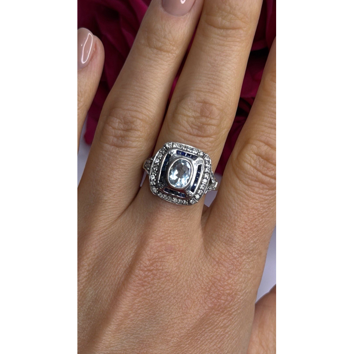 925 Sterling Silver Aquamarine, Sapphire & White Beryl Ring Size 9