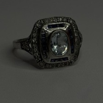 925 Sterling Silver Aquamarine, Sapphire & White Beryl Ring Size 9