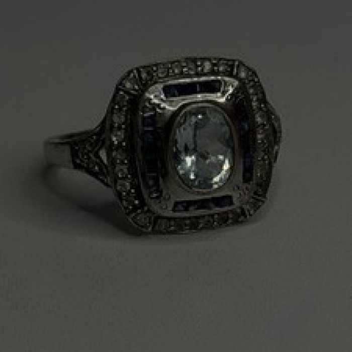 925 Sterling Silver Aquamarine, Sapphire & White Beryl Ring Size 9