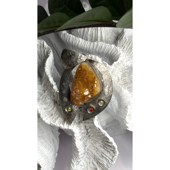 Large 925 Sterling Silver Baltic Amber Peridot Citrine Tourmaline Pendant