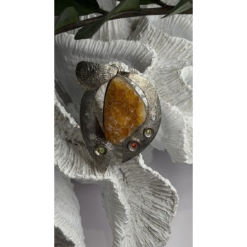 Large 925 Sterling Silver Baltic Amber Peridot Citrine Tourmaline Pendant
