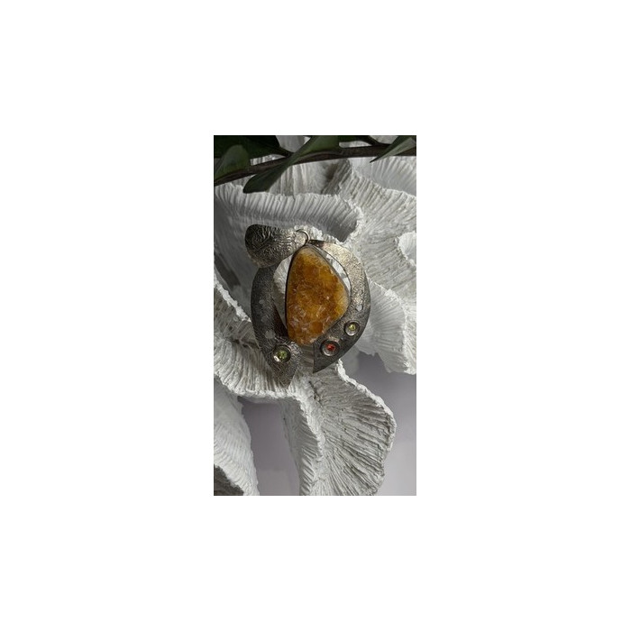 Large 925 Sterling Silver Baltic Amber Peridot Citrine Tourmaline Pendant