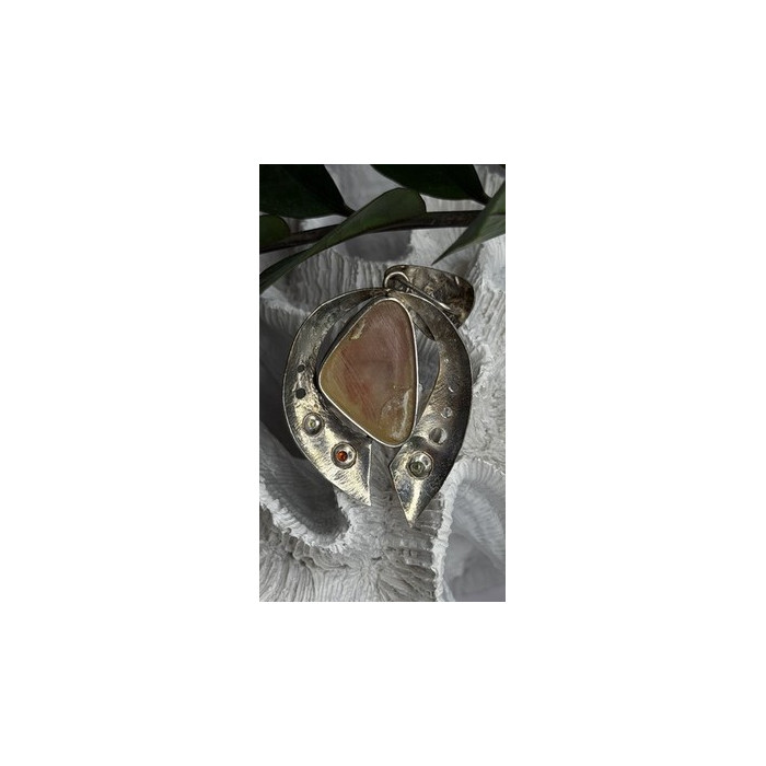 Large 925 Sterling Silver Baltic Amber Peridot Citrine Tourmaline Pendant