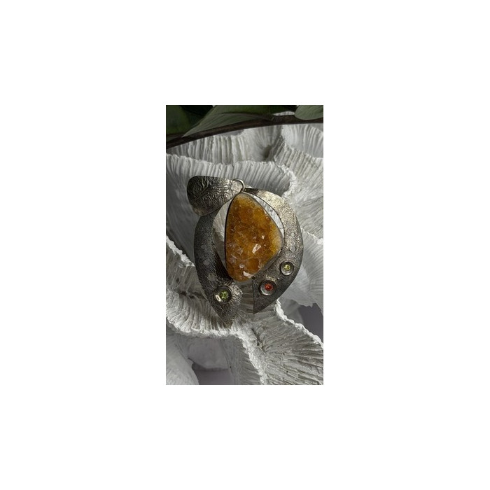 Large 925 Sterling Silver Baltic Amber Peridot Citrine Tourmaline Pendant