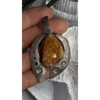 Large 925 Sterling Silver Baltic Amber Peridot Citrine Tourmaline Pendant