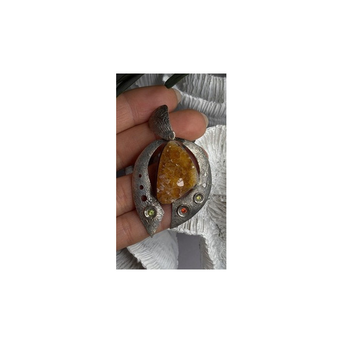 Large 925 Sterling Silver Baltic Amber Peridot Citrine Tourmaline Pendant