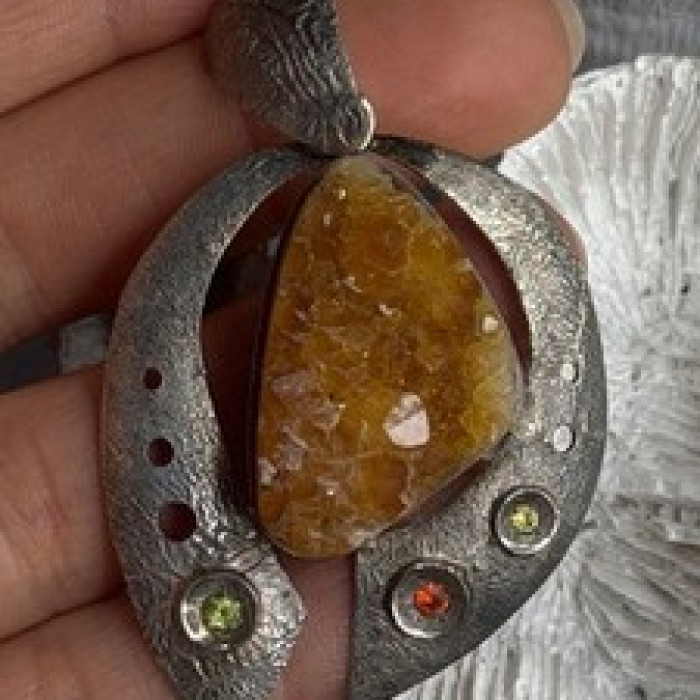 Large 925 Sterling Silver Baltic Amber Peridot Citrine Tourmaline Pendant