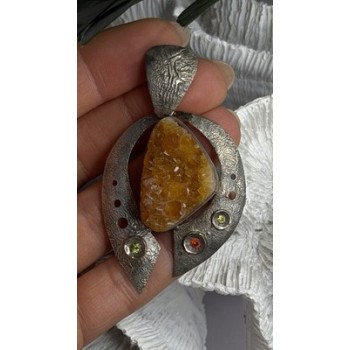 Large 925 Sterling Silver Baltic Amber Peridot Citrine Tourmaline Pendant