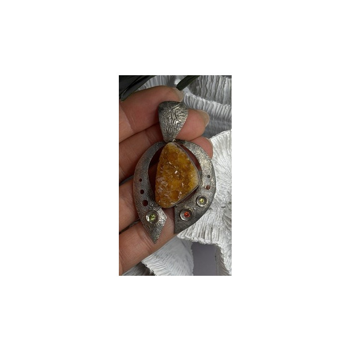 Large 925 Sterling Silver Baltic Amber Peridot Citrine Tourmaline Pendant