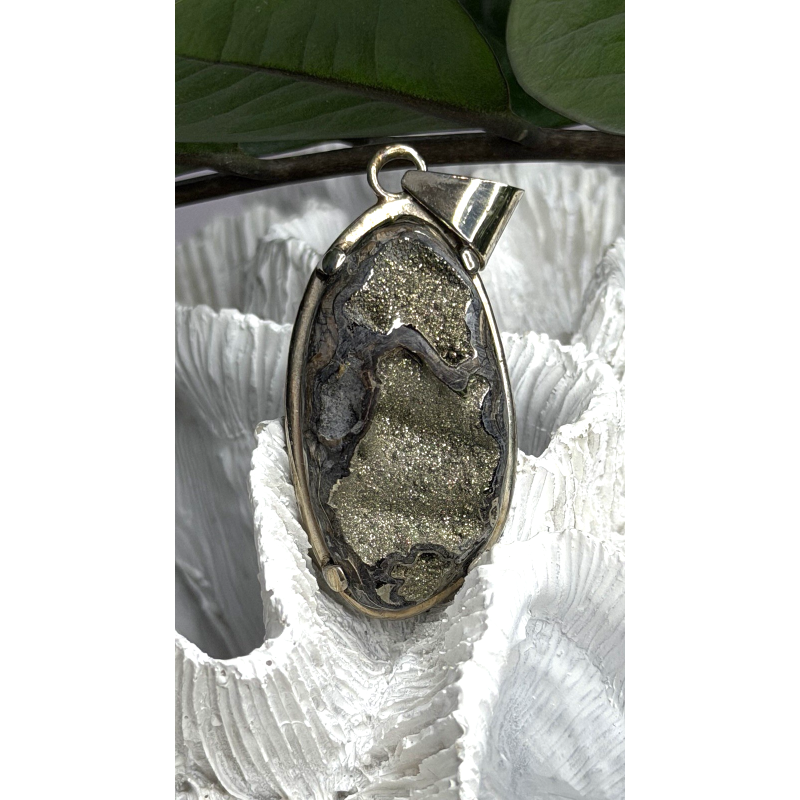 Vintage 925 Sterling Silver Pyritized Ammonite Pendant