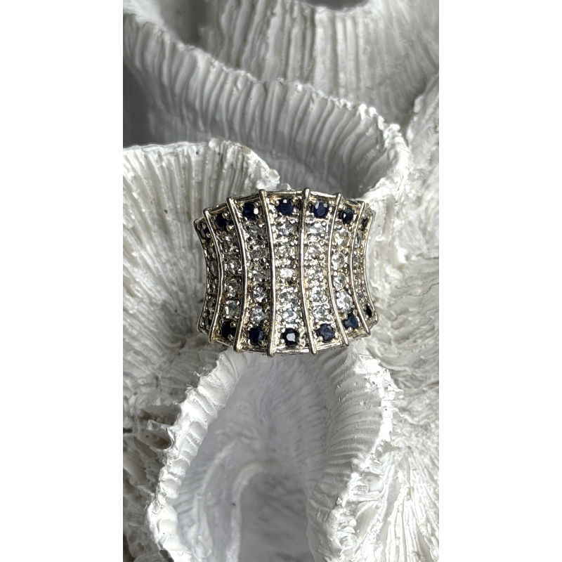 925 Sterling Silver Blue Sapphires & Clear Topaz Stones Ring Size 6