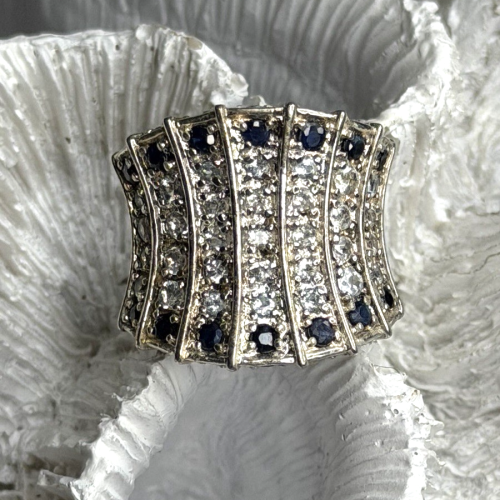925 Sterling Silver Blue Sapphires & Clear Topaz Stones Ring Size 6
