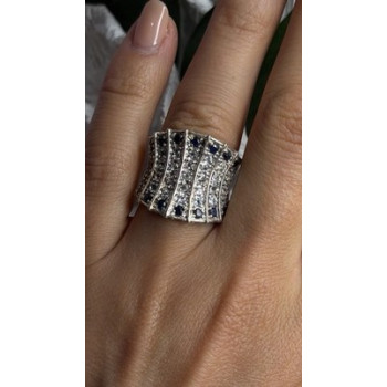 925 Sterling Silver Blue Sapphires & Clear Topaz Stones Ring Size 6