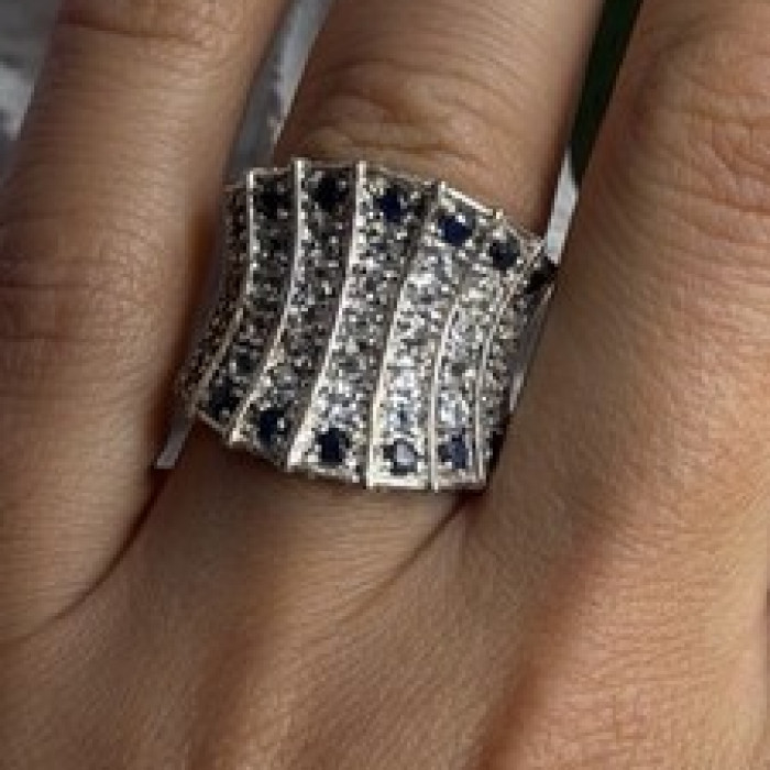 925 Sterling Silver Blue Sapphires & Clear Topaz Stones Ring Size 6