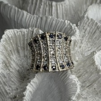 925 Sterling Silver Blue Sapphires & Clear Topaz Stones Ring Size 6