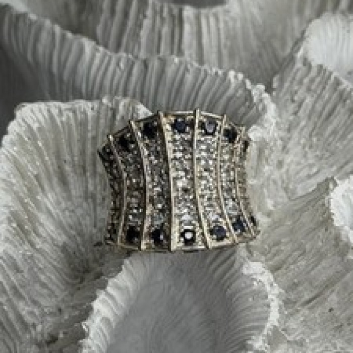 925 Sterling Silver Blue Sapphires & Clear Topaz Stones Ring Size 6