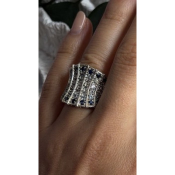 925 Sterling Silver Blue Sapphires & Clear Topaz Stones Ring Size 6