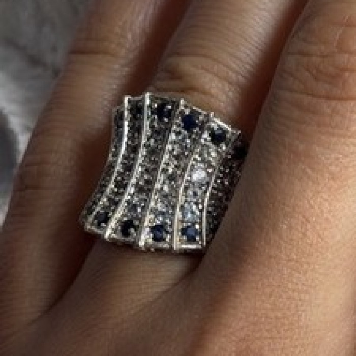 925 Sterling Silver Blue Sapphires & Clear Topaz Stones Ring Size 6