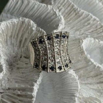 925 Sterling Silver Blue Sapphires & Clear Topaz Stones Ring Size 6