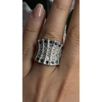 925 Sterling Silver Blue Sapphires & Clear Topaz Stones Ring Size 6