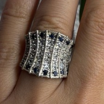 925 Sterling Silver Blue Sapphires & Clear Topaz Stones Ring Size 6