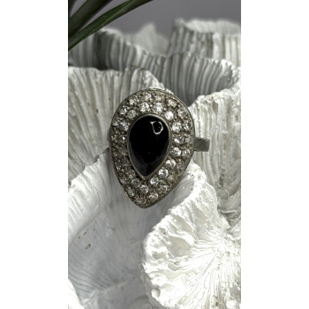 Vintage 925 Sterling Silver Black Onyx & Clear Topaz Stones Ring Size 7.5