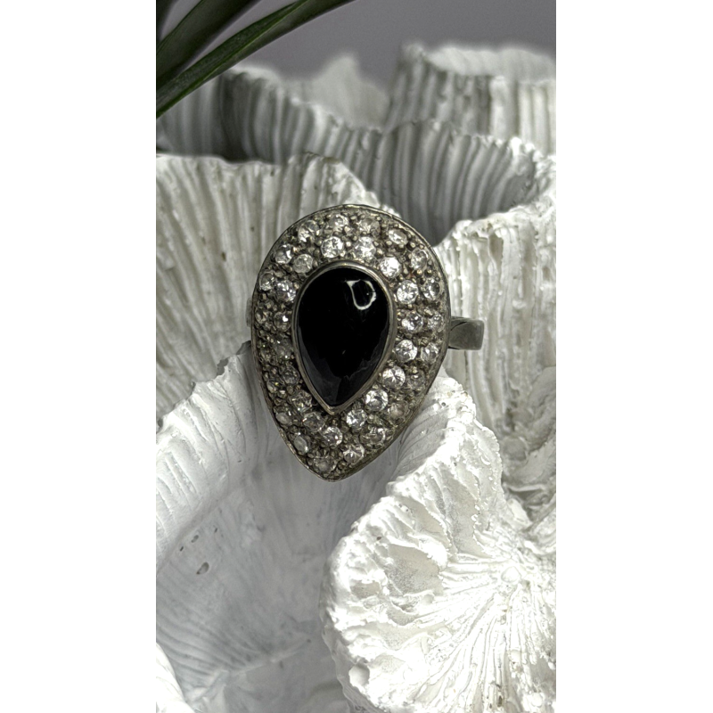 Vintage 925 Sterling Silver Black Onyx & Clear Topaz Stones Ring Size 7.5