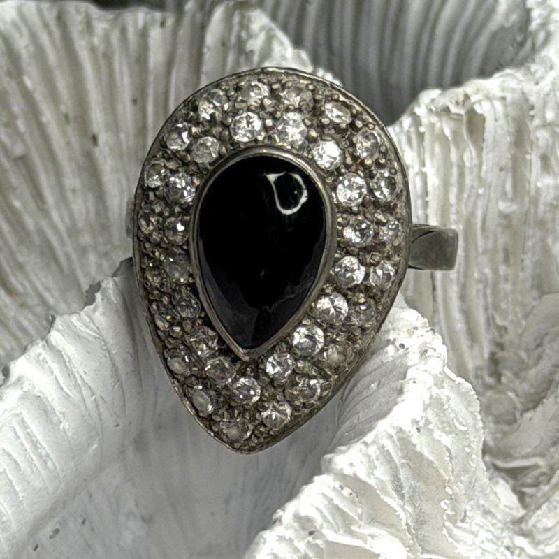 Vintage 925 Sterling Silver Black Onyx & Clear Topaz Stones Ring Size 7.5
